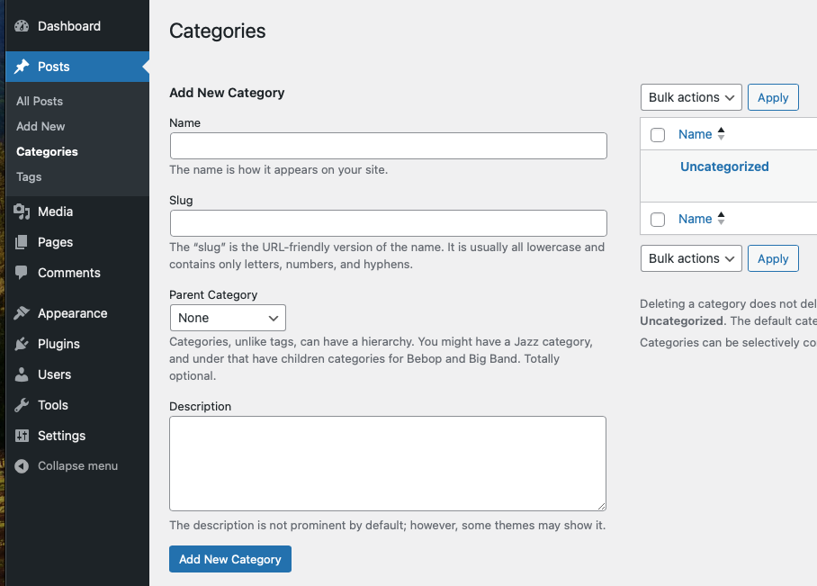 The add new category form on the Categories page in the WordPress admin.